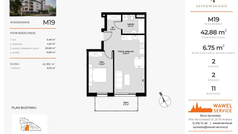 Rzut - Mieszkanie na sprzedaż 2 pokoje o powierzchni 42,88 m² - numer M19 w Łepkowskiego 11