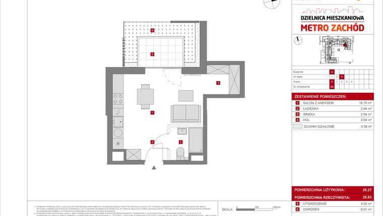 Rzut - Mieszkanie na sprzedaż 1 pokój o powierzchni 25,27 m² - numer D.80 w Dzielnica Mieszkaniowa Metro Zachód - etap 8.2