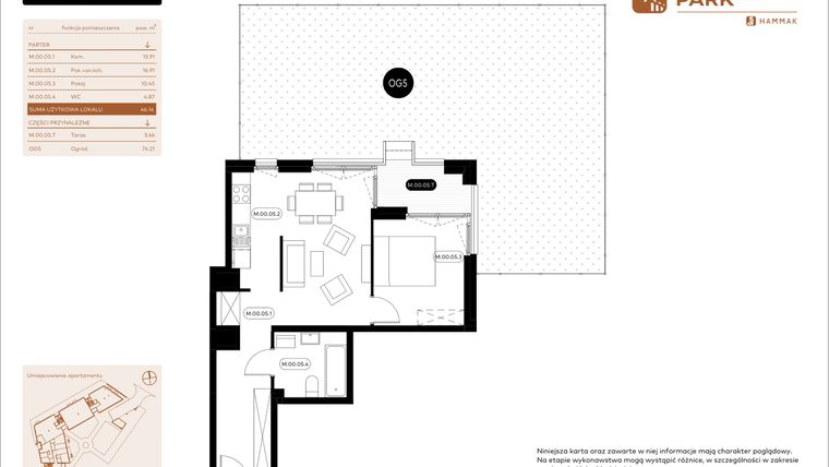 Rzut - Mieszkanie na sprzedaż 2 pokoje o powierzchni 46,14 m² - numer 0.05 w Białoprądnicka Park