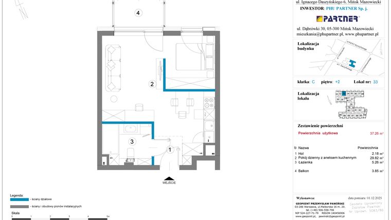 Rzut - Mieszkanie na sprzedaż 1 pokój o powierzchni 37,26 m² - numer 33 w Daszyńskiego Square etap 2
