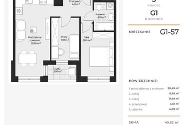 Rzut - Mieszkanie na sprzedaż 3 pokoje o powierzchni 49,62 m² - numer G1-57 w Piasta Park VI