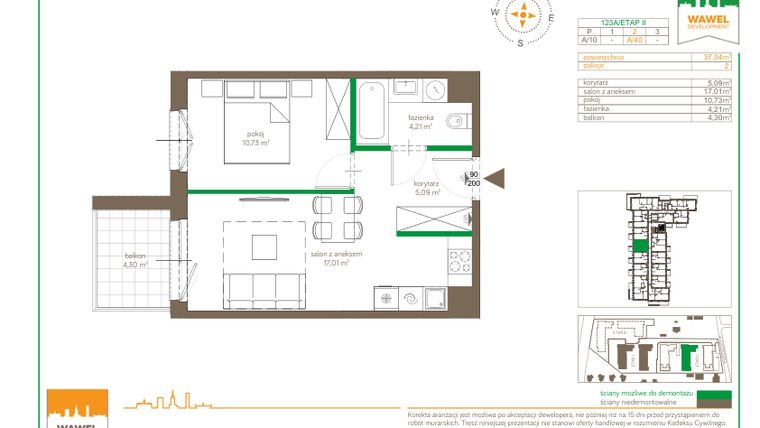 Rzut - Mieszkanie na sprzedaż 2 pokoje o powierzchni 37,04 m² - numer A/40 w Ostródzka 123 - II etap