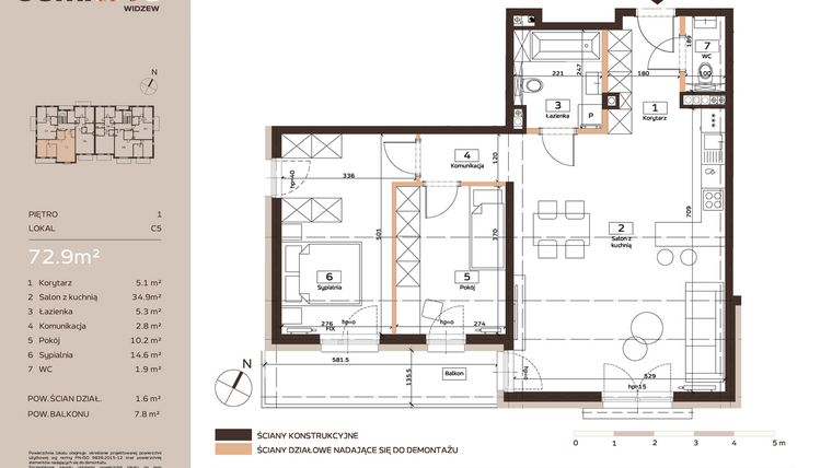 Rzut - Mieszkanie na sprzedaż 3 pokoje o powierzchni 75,2 m² - numer C5 w Domkove Widzew