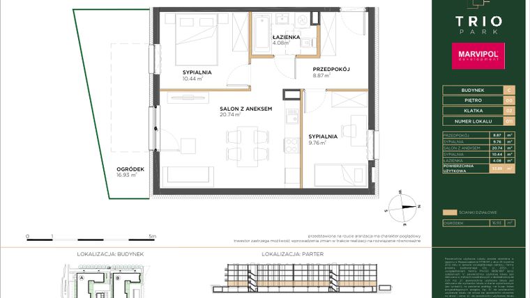 Rzut - Mieszkanie na sprzedaż 3 pokoje o powierzchni 53,89 m² - numer C011 w Trio Park bud. C