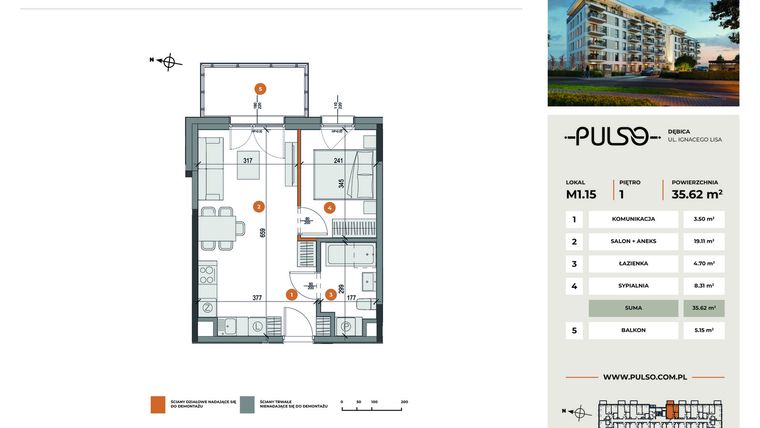 Rzut - Mieszkanie na sprzedaż 2 pokoje o powierzchni 35,62 m² - numer M1.15 w Pulso