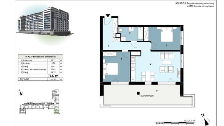 Rzut - Mieszkanie na sprzedaż 3 pokoje o powierzchni 72,35 m² - numer 09.K2.07 w Langiewicza 37