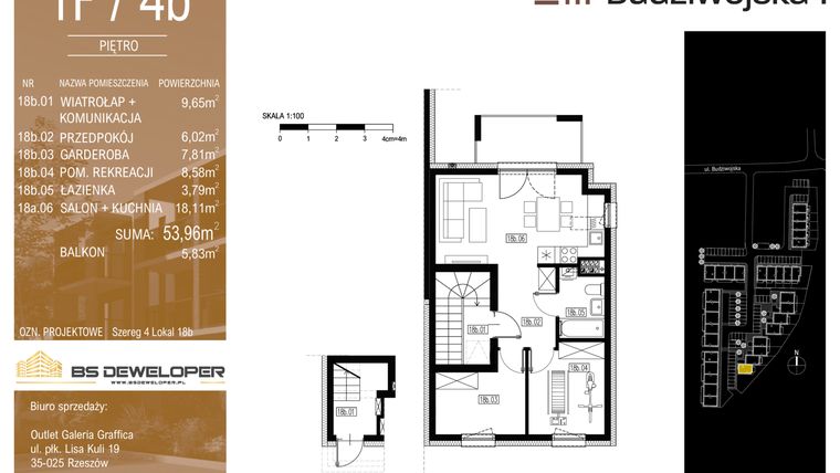 Rzut - Mieszkanie na sprzedaż 3 pokoje o powierzchni 53,96 m² - numer 1F/4b w Budziwojska 3