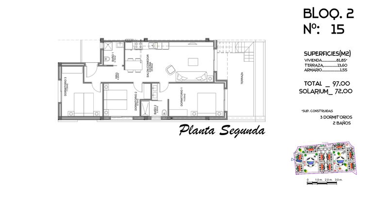 Rzut - Mieszkanie na sprzedaż 3 pokoje o powierzchni 97 m² - numer 15 w Mieszkania w Guardamar del Segura - 58228876