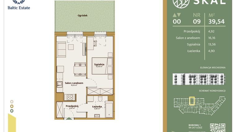 Rzut - Mieszkanie na sprzedaż 2 pokoje o powierzchni 39,54 m² - numer M.9 w Skal