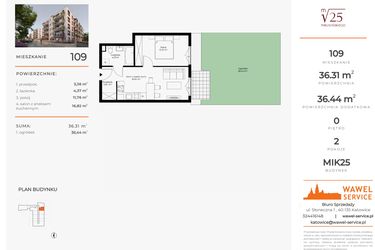 Rzut - Mieszkanie na sprzedaż 2 pokoje o powierzchni 36,31 m² - numer 109 w Mikusińskiego 25