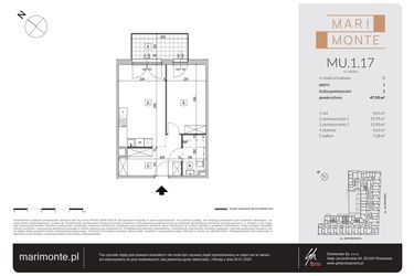 Rzut - Mieszkanie na sprzedaż 2 pokoje o powierzchni 47,93 m² - numer MU.1.17 w Marimonte - apartamenty inwestycyjne