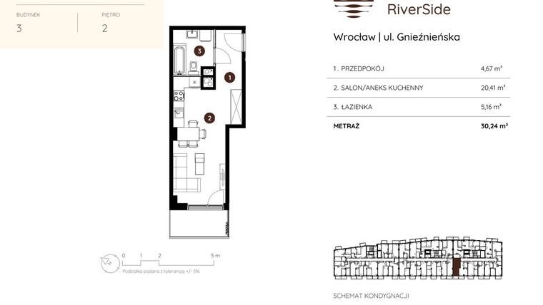 Rzut - Mieszkanie na sprzedaż 1 pokój o powierzchni 30,24 m² - numer 3.A.2.08 w Murapol RiverSide