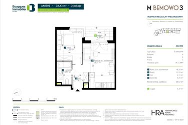 Rzut - Mieszkanie na sprzedaż 2 pokoje o powierzchni 38,12 m² - numer AA0302 w M Bemowo 3