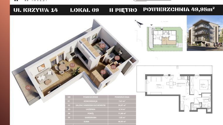 Rzut - Mieszkanie na sprzedaż 2 pokoje o powierzchni 49,95 m² - numer M9 w Stacja Krzywa