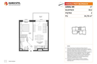 Rzut - Mieszkanie na sprzedaż 2 pokoje o powierzchni 34,7 m² - numer B12.17 w Osiedle Przy Błoniach 3 etap IV