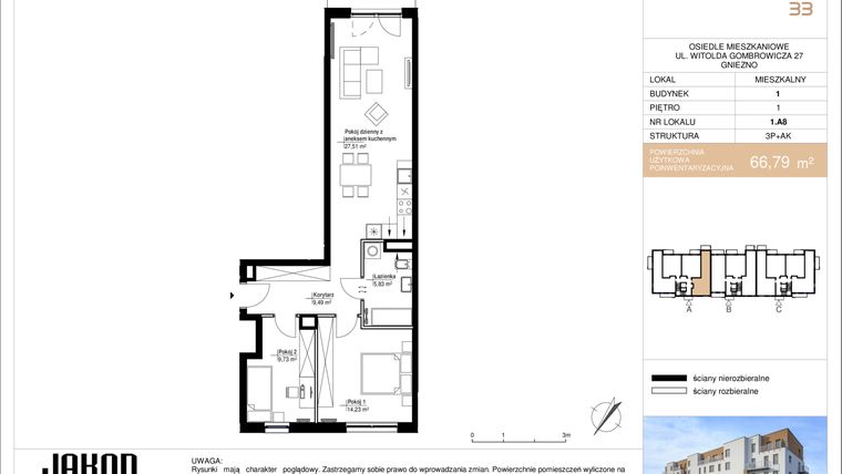 Rzut - Mieszkanie na sprzedaż 3 pokoje o powierzchni 66,79 m² - numer 1.A8 w Gombrowicza 33