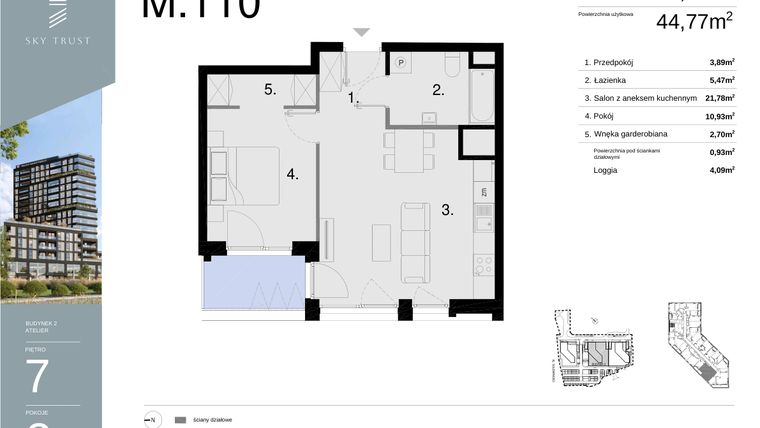 Rzut - Mieszkanie na sprzedaż 2 pokoje o powierzchni 45,7 m² - numer M110 w Sky Trust etap II