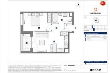 Rzut - Mieszkanie na sprzedaż 2 pokoje o powierzchni 36,97 m² - numer B.8 w Osiedle przy Malborskiej II
