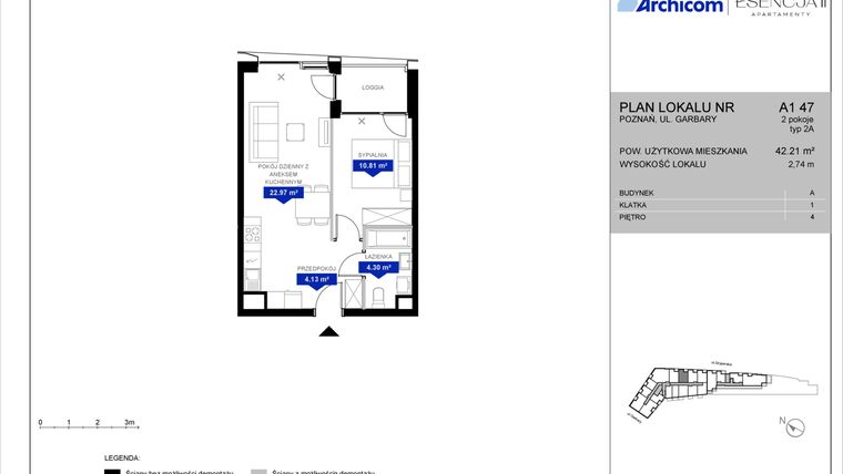 Rzut - Mieszkanie na sprzedaż 2 pokoje o powierzchni 42,21 m² - numer A1.47 w Apartamenty Esencja II