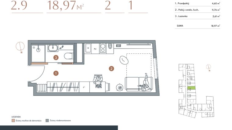 Rzut - Mieszkanie na sprzedaż 1 pokój o powierzchni 18,97 m² - numer 2.9 w Starowiejska 3