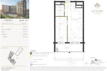 Rzut - Mieszkanie na sprzedaż 2 pokoje o powierzchni 38,28 m² - numer M6/KL2 w LUXURY POINT