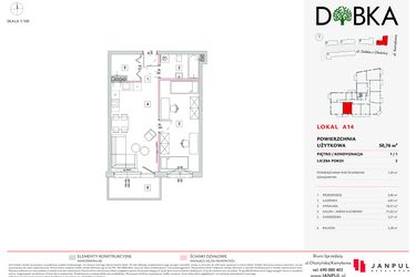 Rzut - Mieszkanie na sprzedaż 2 pokoje o powierzchni 50,76 m² - numer A14 w Dobka