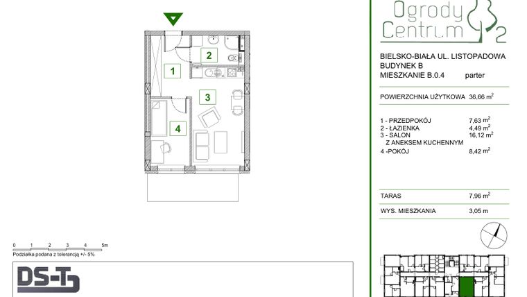 Rzut - Mieszkanie na sprzedaż 2 pokoje o powierzchni 36,66 m² - numer B.0.4 w Ogrody Centrum 2