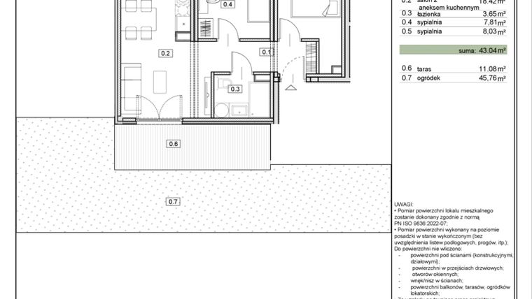 Rzut - Mieszkanie na sprzedaż 3 pokoje o powierzchni 43,04 m² - numer ZL-2.1 w Zielony Lewandów