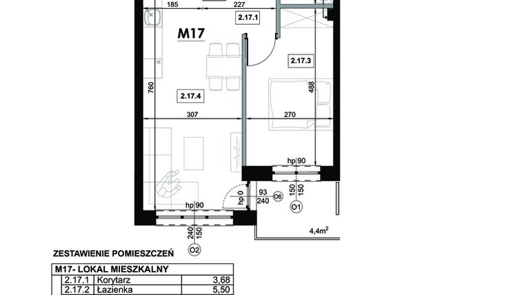 Rzut - Mieszkanie na sprzedaż 2 pokoje o powierzchni 42,88 m² - numer M17 w Miejska Premium II