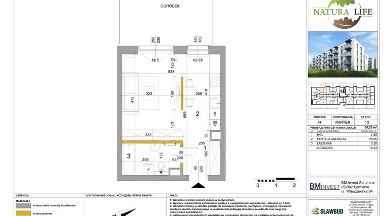 Rzut - Mieszkanie na sprzedaż 1 pokój o powierzchni 34,23 m² - numer H.13 w Osiedle Natura Life budynki GHI