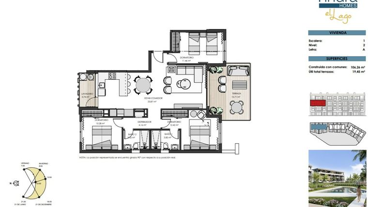 Rzut - Mieszkanie na sprzedaż 3 pokoje o powierzchni 106 m² - numer 2E w Tindra Homes el Lago