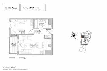 Rzut - Mieszkanie na sprzedaż 2 pokoje o powierzchni 43,54 m² - numer B1.13.6 w Alvarium 2.0