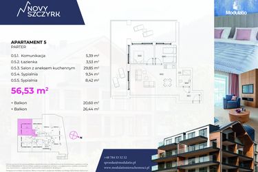 Rzut - Mieszkanie na sprzedaż 3 pokoje o powierzchni 56,53 m² - numer 5 w Novy Szczyrk