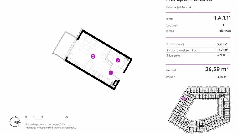 Rzut - Mieszkanie na sprzedaż 1 pokój o powierzchni 26,59 m² - numer 1.A.1.11 w Murapol Portovo etap II