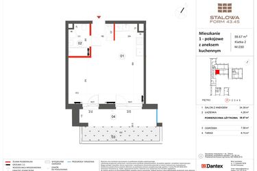 Rzut - Mieszkanie na sprzedaż 1 pokój o powierzchni 38,67 m² - numer 30 w Stalowa Form 43.45