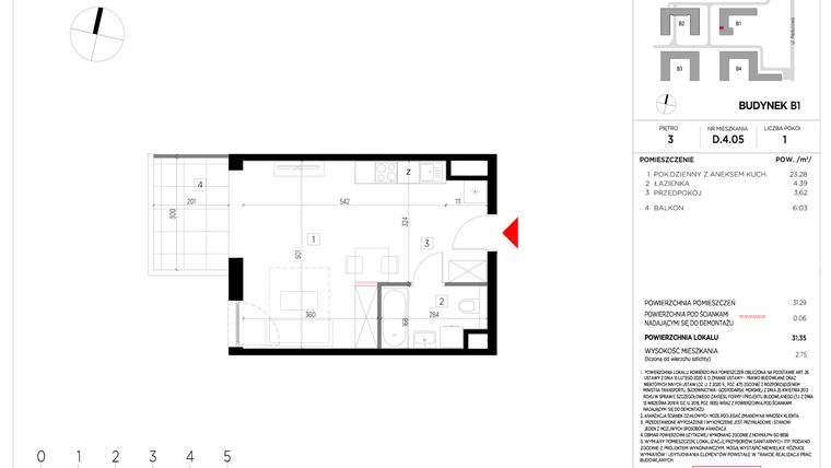 Rzut - Mieszkanie na sprzedaż 1 pokój o powierzchni 31,22 m² - numer D.4.05 w CityFlow