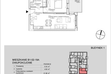 Rzut - Mieszkanie na sprzedaż 2 pokoje o powierzchni 43,08 m² - numer B1-02-19A w Nowa Francuska