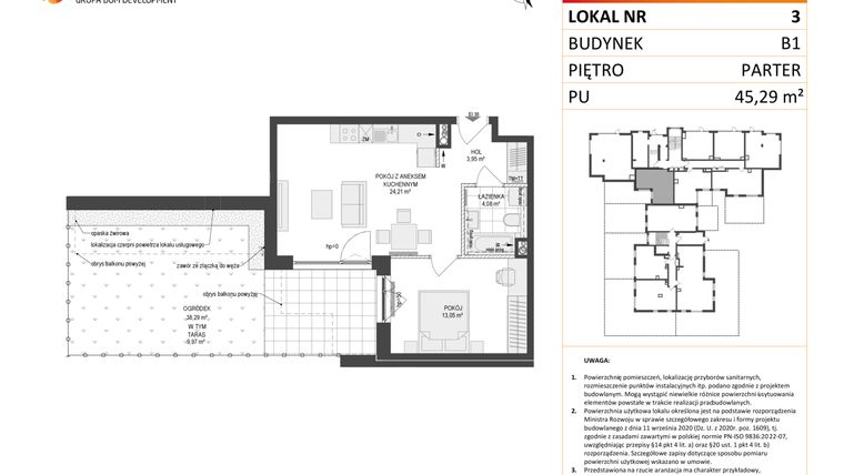 Rzut - Mieszkanie na sprzedaż 2 pokoje o powierzchni 45,29 m² - numer 3 w Locus 2