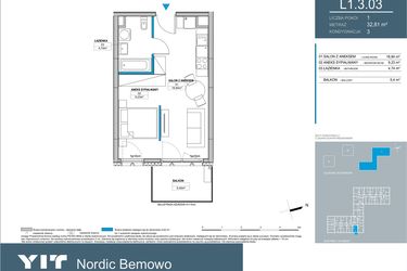 Rzut - Mieszkanie na sprzedaż 1 pokój o powierzchni 32,82 m² - numer L1.3.03 w Nordic Bemowo - etap III