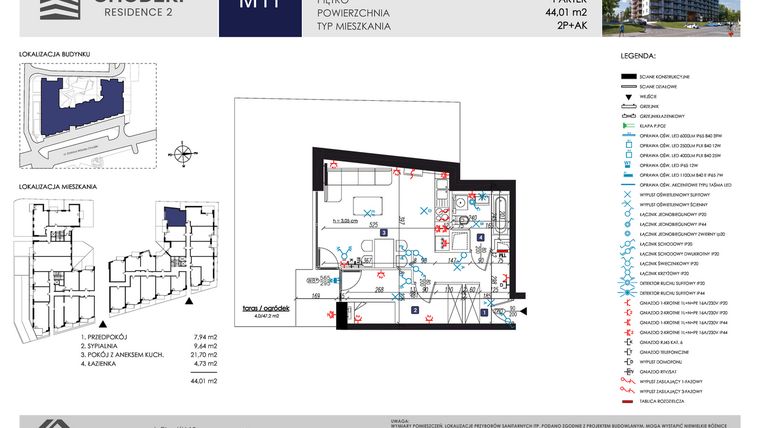 Rzut - Mieszkanie na sprzedaż 2 pokoje o powierzchni 44,01 m² - numer M11 w Chodźki Residence 2