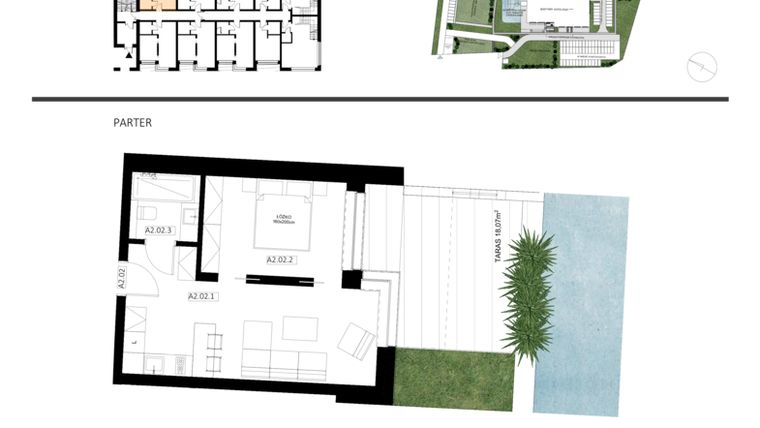 Rzut - Mieszkanie na sprzedaż 2 pokoje o powierzchni 33,74 m² - numer A2.02 w Apartamenty Dźwirzyno