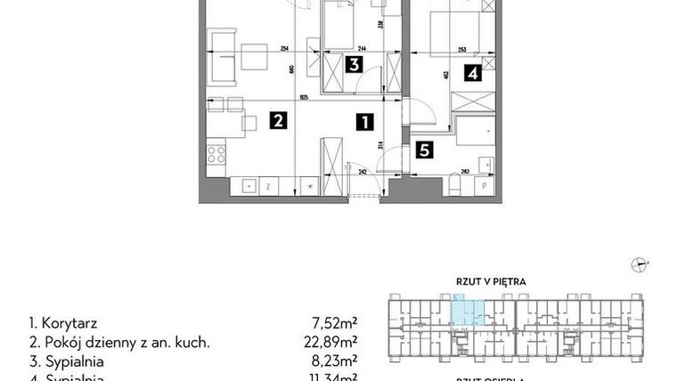 Rzut - Mieszkanie na sprzedaż 3 pokoje o powierzchni 55,07 m² - numer A1/5/7 w Metr Kwadrat
