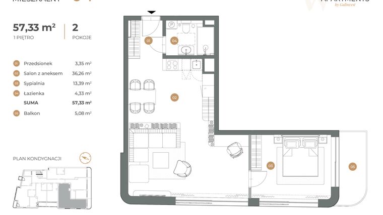 Rzut - Mieszkanie na sprzedaż 2 pokoje o powierzchni 57,33 m² - numer 4 w Witkiewicza Apartments