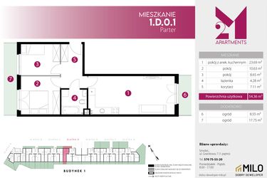 Rzut - Mieszkanie na sprzedaż 3 pokoje o powierzchni 54,36 m² - numer 1.D.0.1 w 2M Apartments etap IV