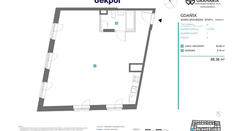 Rzut - Mieszkanie na sprzedaż 1 pokój o powierzchni 68,36 m² - numer 1.2.020 w Granaria