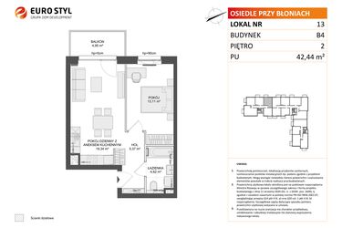 Rzut - Mieszkanie na sprzedaż 2 pokoje o powierzchni 42,44 m² - numer B4.13 w Osiedle Przy Błoniach 3 etap III