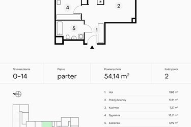 Rzut - Mieszkanie na sprzedaż 2 pokoje o powierzchni 54,14 m² - numer 0-14 w Pączka 1