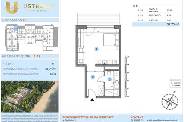 Rzut - Mieszkanie na sprzedaż 1 pokój o powierzchni 37,03 m² - numer 0.11 w Ustronie Luxury Apartments