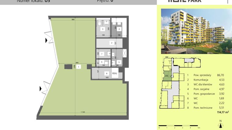 Rzut - Lokal użytkowy na sprzedaż 1 pokój o powierzchni 114 m² - numer U5 w Dworzysko Park - Etap II