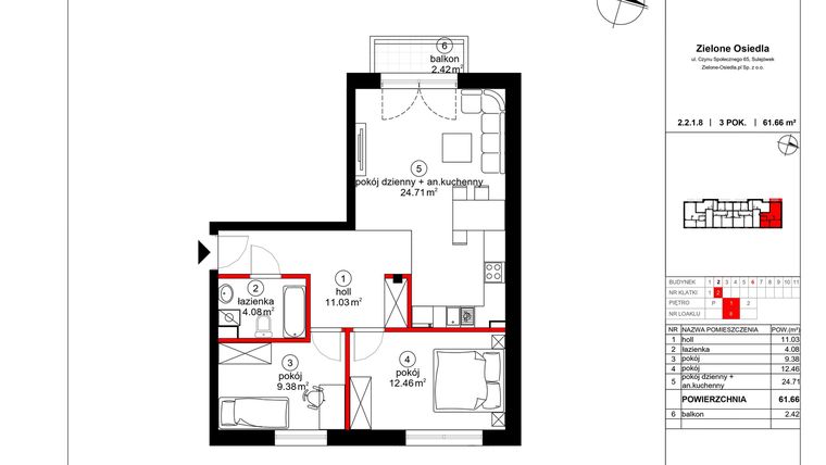 Rzut - Mieszkanie na sprzedaż 3 pokoje o powierzchni 60,78 m² - numer 8 w Czynu Społecznego 65E